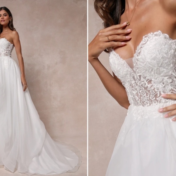 LULU's Bridal Wedding Floral Embroidered Elegant Strapless Bustier Aline Gown - Picture 3 of 4